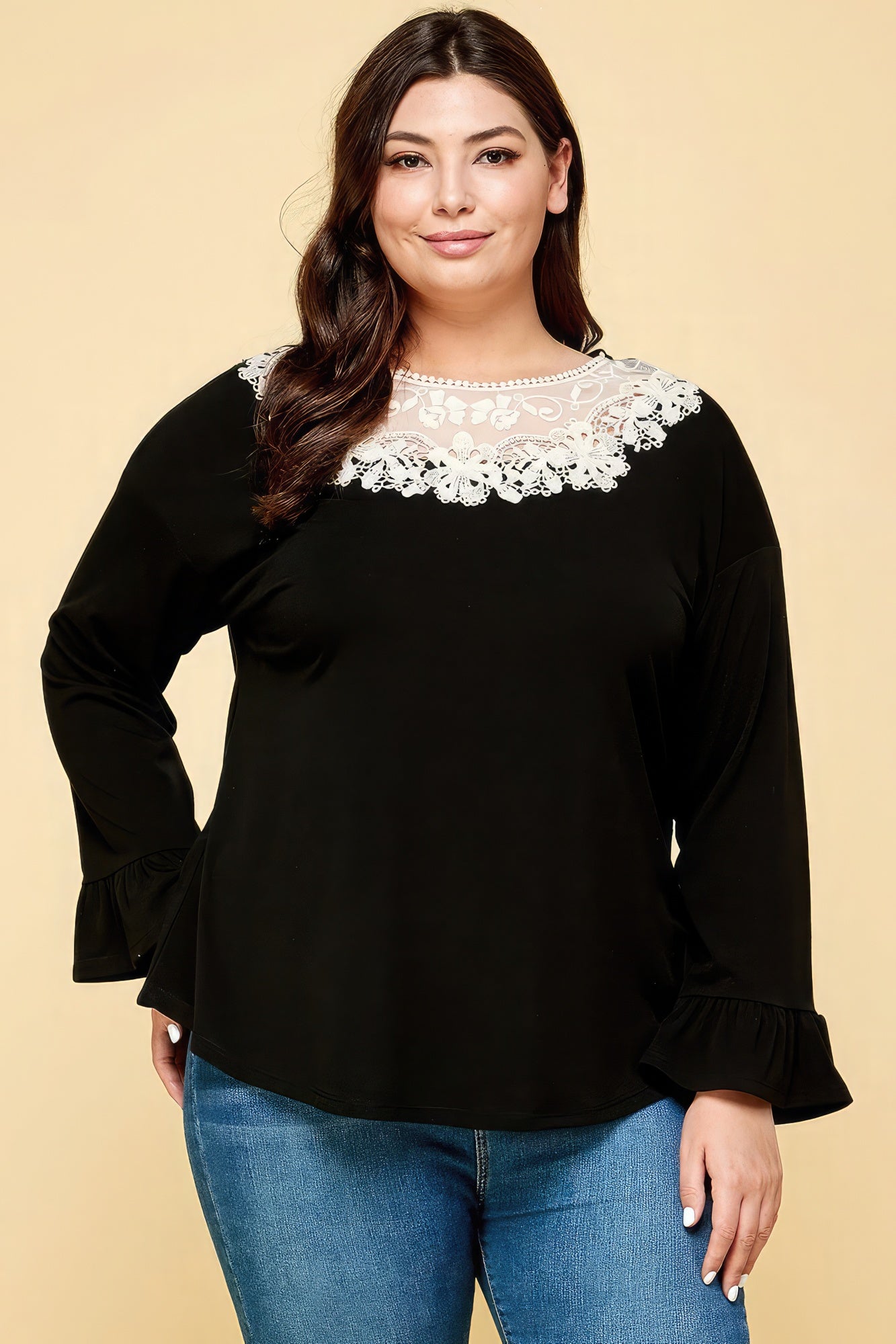 Detailed Lace Neckline Long Sleeve Top