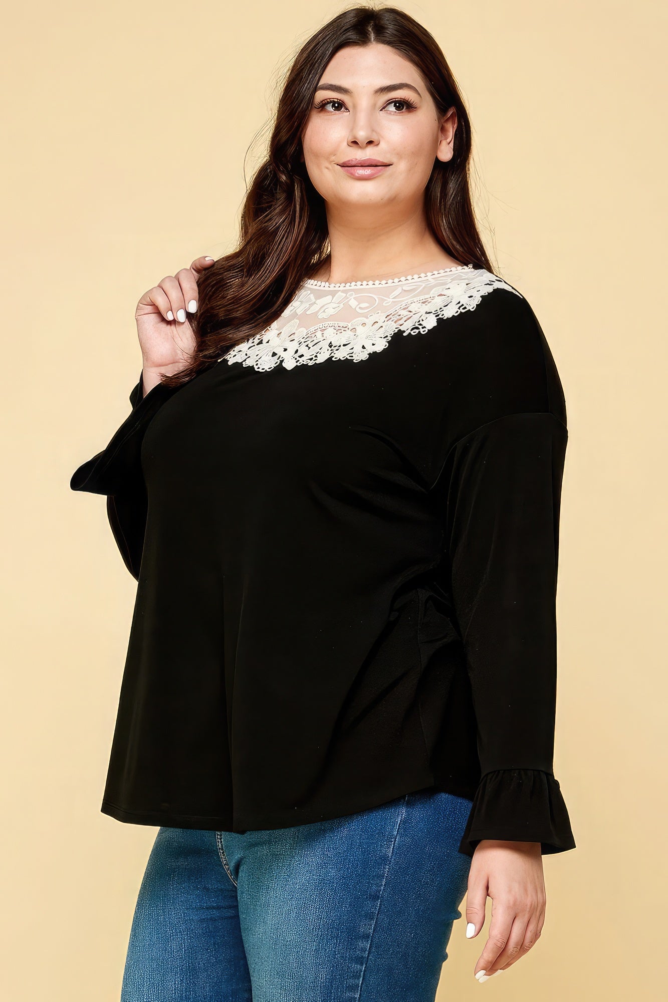 Detailed Lace Neckline Long Sleeve Top