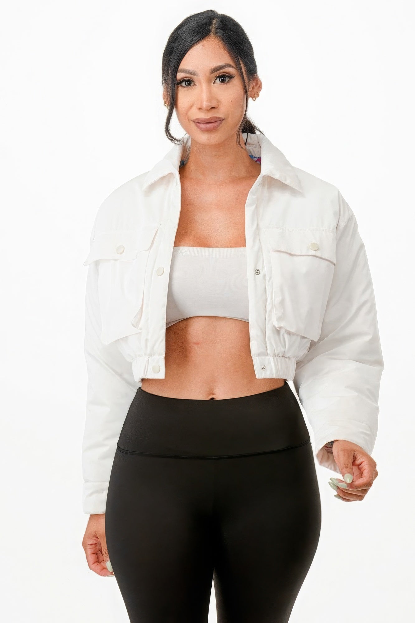 White Puffer Bomber Cropped Jacket