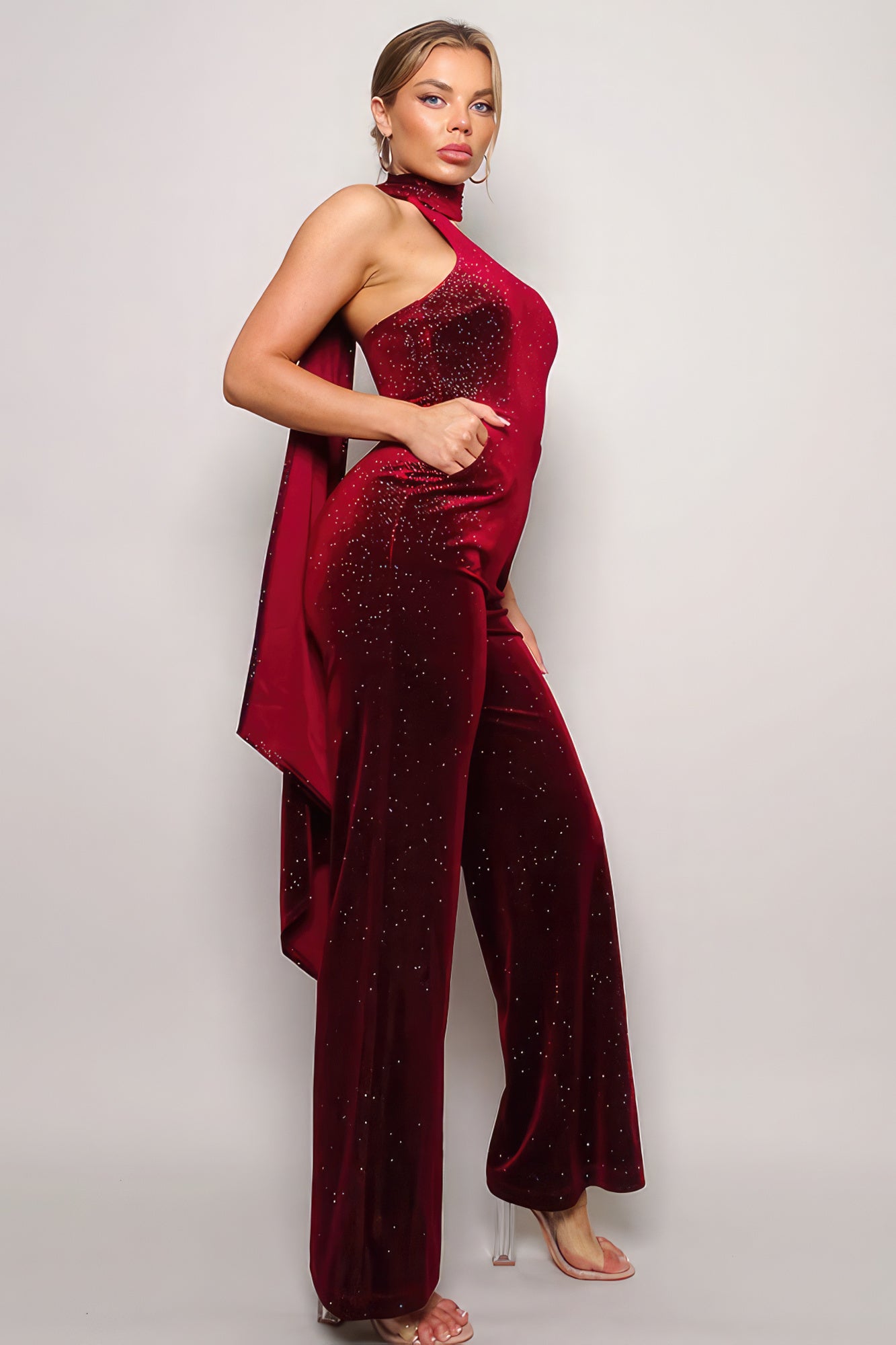 Glitzy One Shoulder Velvet Jumpsuit (Teal/Burgundy/Black)