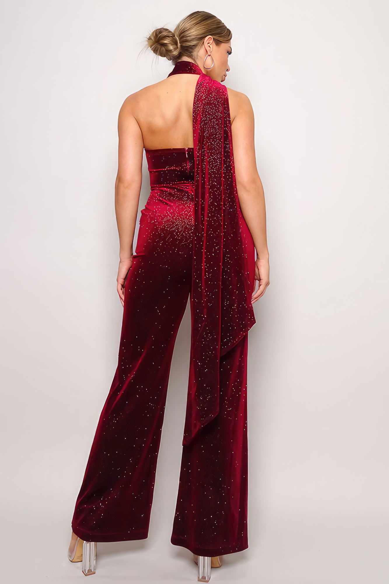 Glitzy One Shoulder Velvet Jumpsuit (Teal/Burgundy/Black)