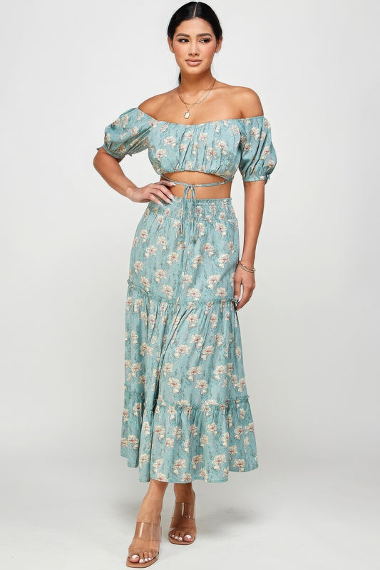 Two Piece Off Shoulder Tie Top Skirt Set