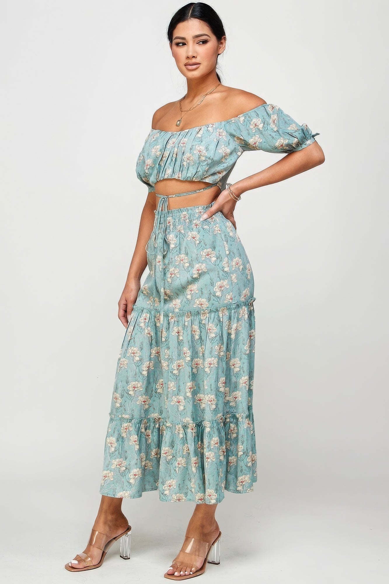 Two Piece Off Shoulder Tie Top Skirt Set