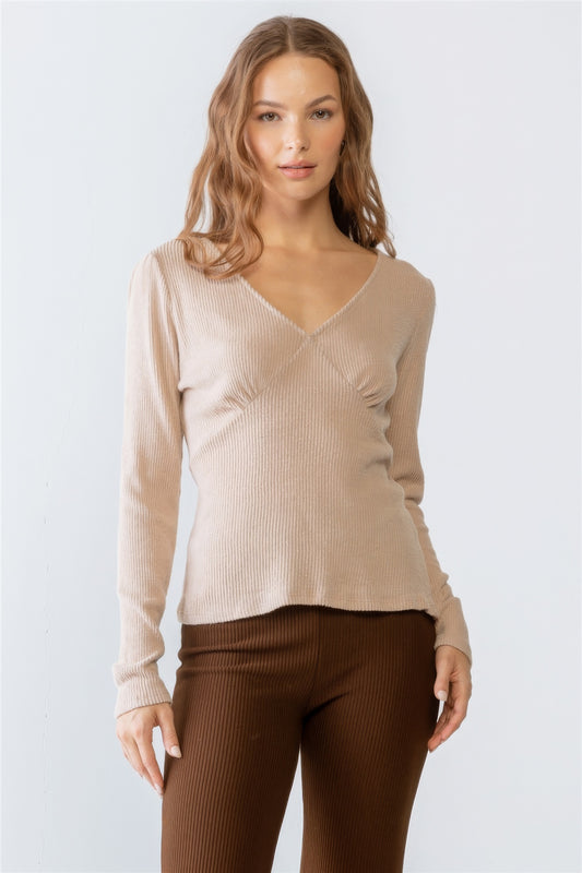 Ribbed V-Neck Long Sleeve Top