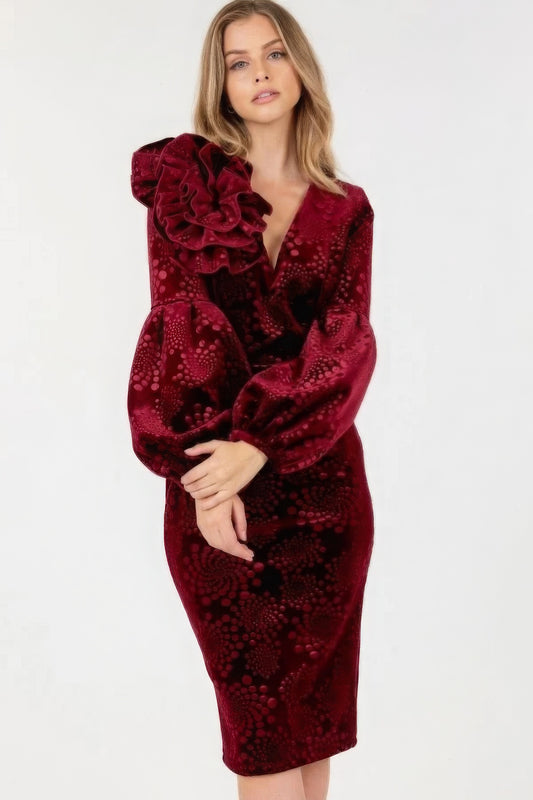 Lux Velvet Fitted Midi Dress With Puff Sleeves