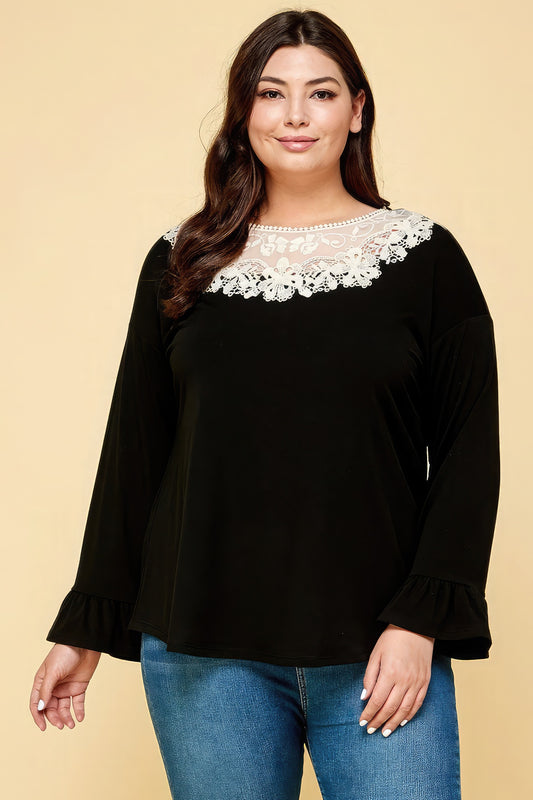 Detailed Lace Neckline Long Sleeve Top