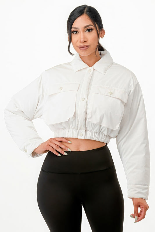 White Puffer Bomber Cropped Jacket